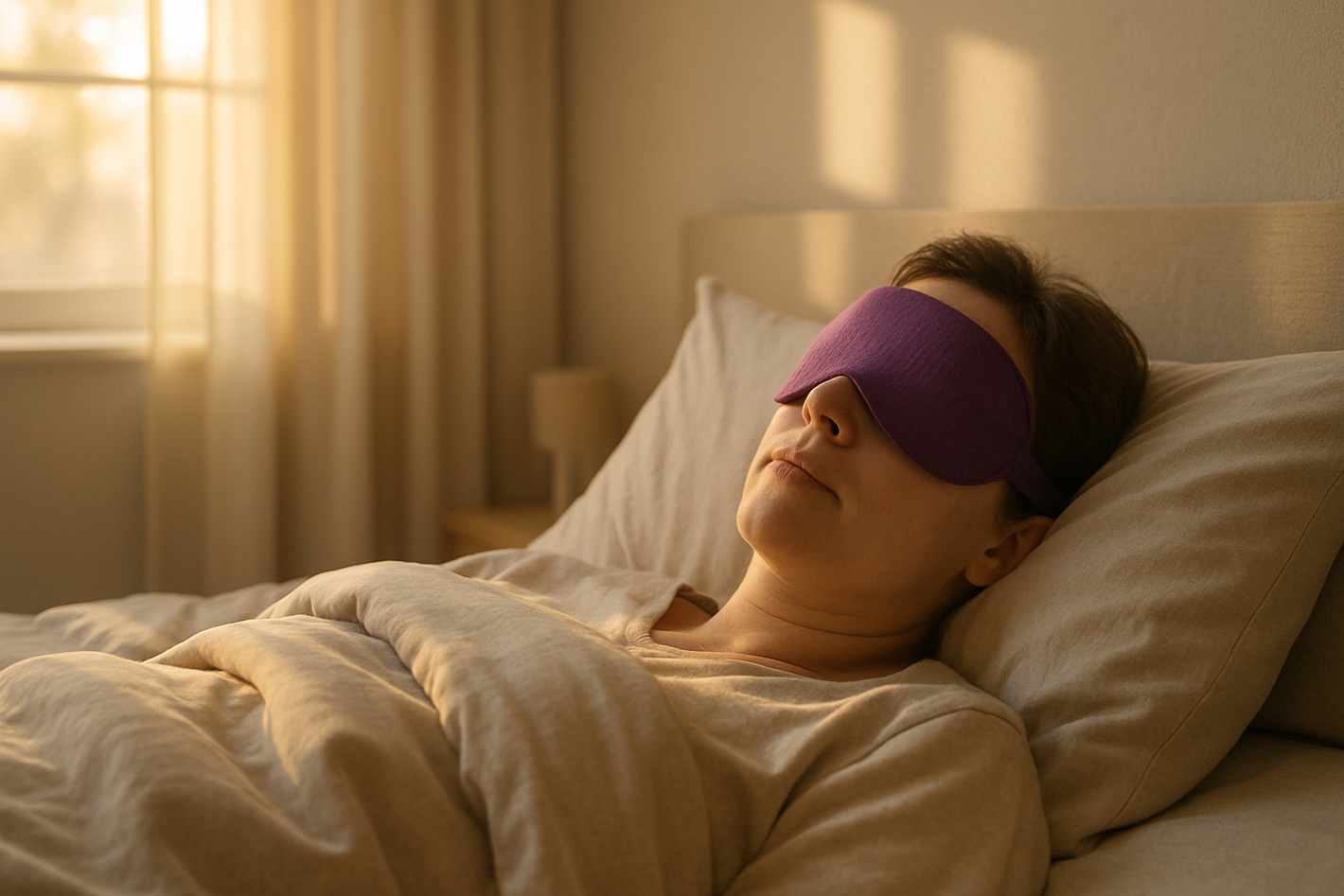 purple sleeping mask in bedroom with someone wearing it. Full cotton. Make it show the sunshine in the bedroom. Make the bedroom neutral in colour